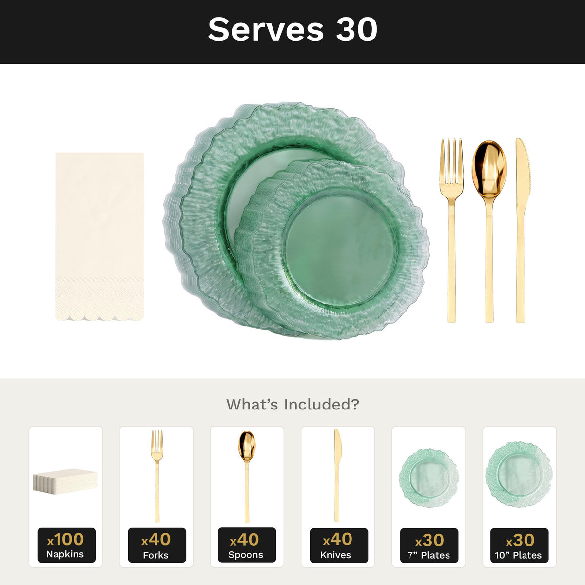 Green Leaf Ultimate Set | Plates, Gold Cutlery & Napkins | Serves 30