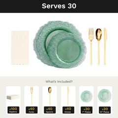 Green Leaf Ultimate Set | Plates, Gold Cutlery & Napkins | Serves 30