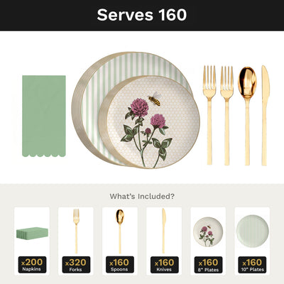 Earthtrends Sweet Life Ultimate Set | Plates, Gold Cutlery & Napkins | Serves 160