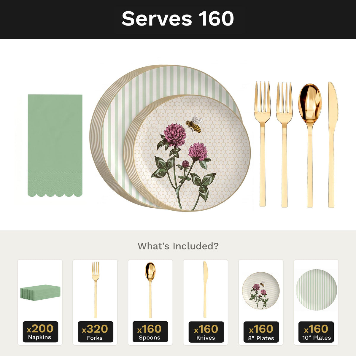 Earthtrends Sweet Life Ultimate Set | Plates, Gold Cutlery & Napkins | Serves 160