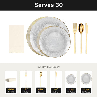 Clear Burst Ultimate Set | Plates, Gold Cutlery & Napkins | Serves 30