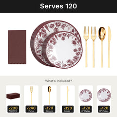Vine Ultimate Set | Plates, Gold Cutlery & Napkins | Serves 120