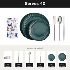 Scalloped Black Aqua Ultimate Set | Plates, Silver Cutlery & Napkins | Serves 40