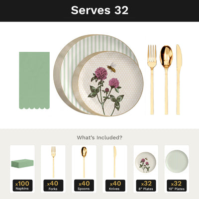 Earthtrends Sweet Life Ultimate Set | Plates, Gold Cutlery & Napkins | Serves 32