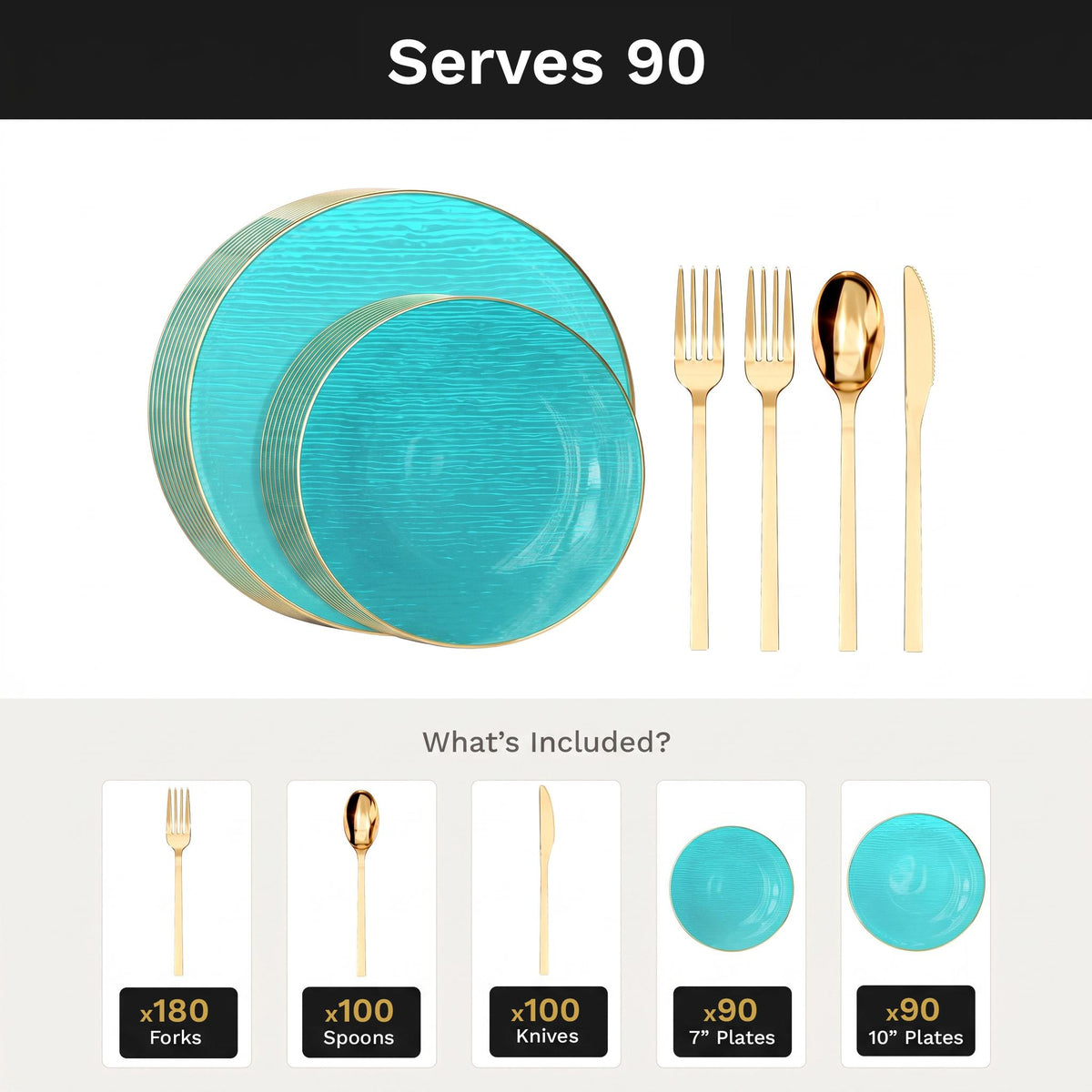 Turquoise Weave Deluxe Set | Plates & Gold Cutlery | Serves 90