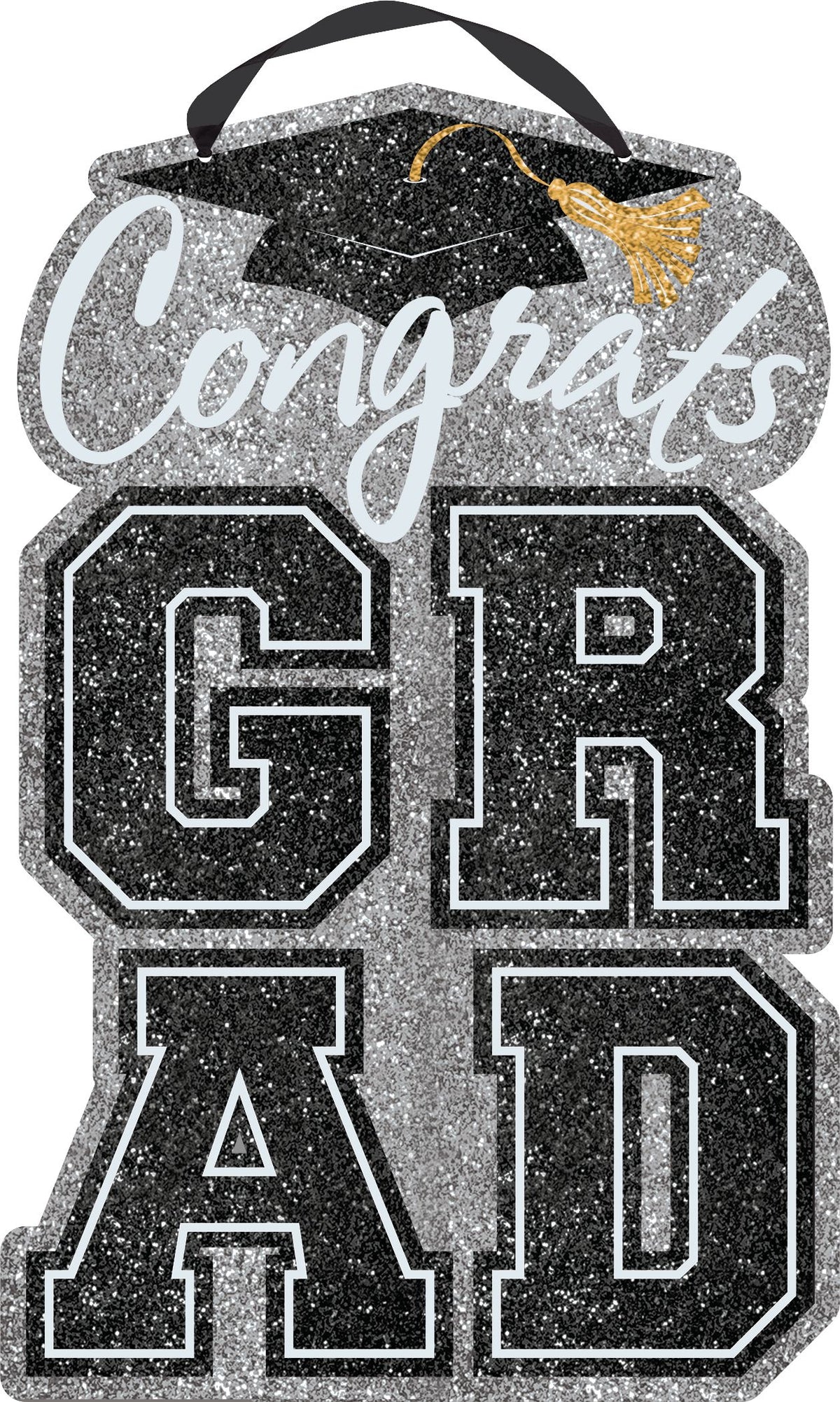 Congrats Grad Hanging Sign Decoration, Black/Silver, 20.75-in, for Graduation - Case of 12