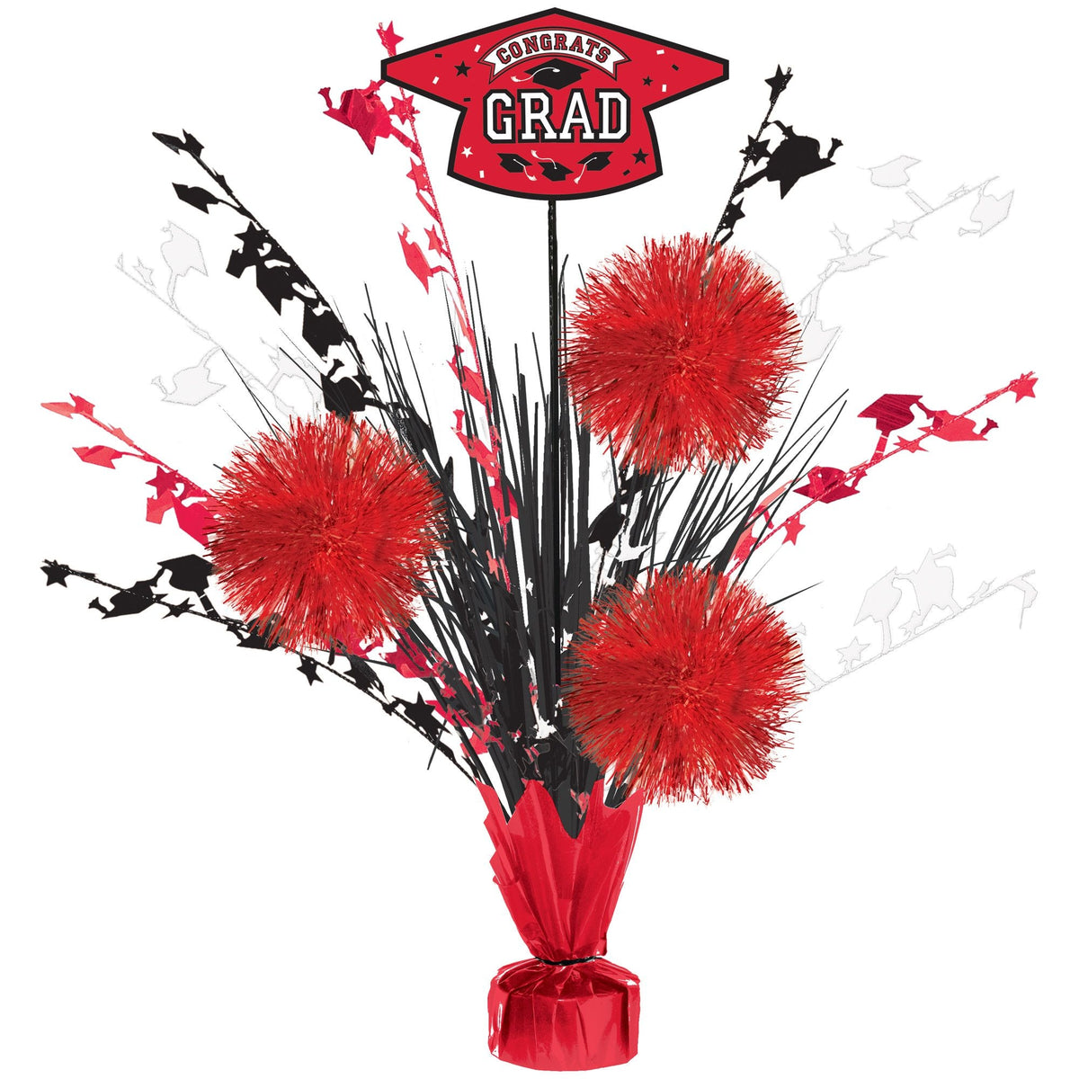 Red Graduation Tinsel Burst Centerpiece with Congrats Grad Sign - Pack of 2