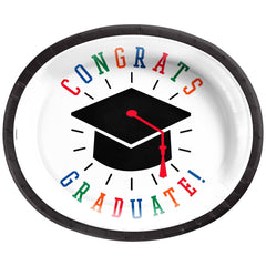 Congrats Graduate Oval Paper Plates, Black/White, 12-inch, 8-ct - Case of 6