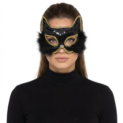 Cat Marabou Sequin Mask, Black/Gold, One Size - Case of 48