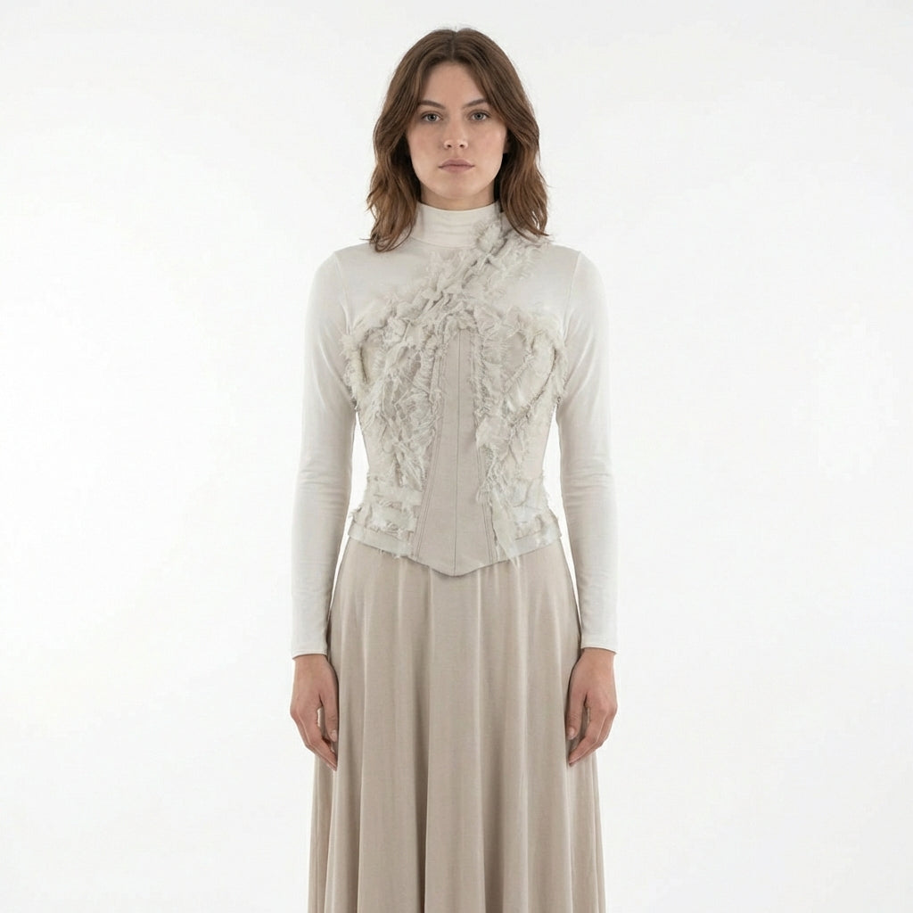 Bony Tattered Corset Top, Beige, Assorted Sizes