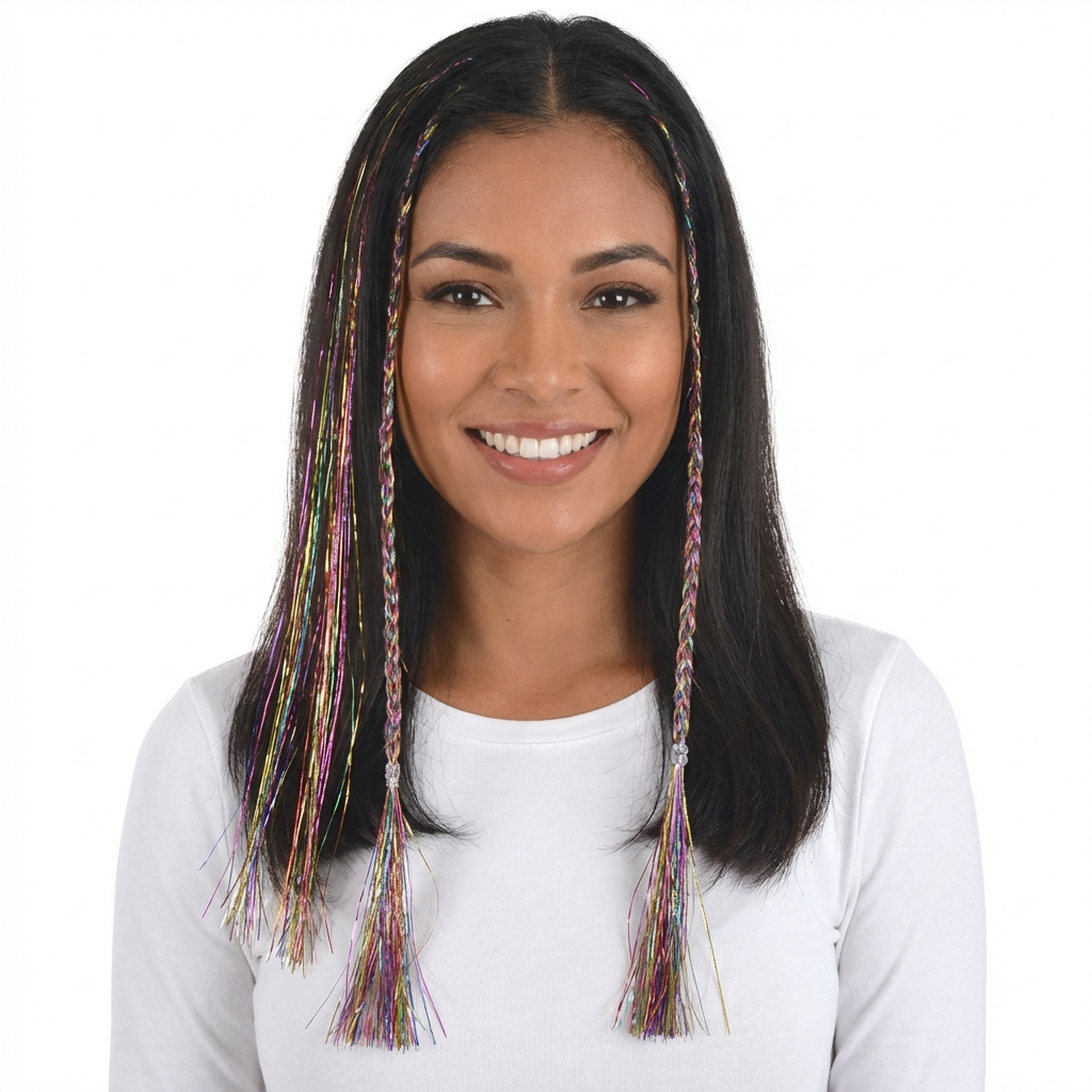 Multi-Colored Tinsel Hair Extensions, 3-pcs - Case of 48