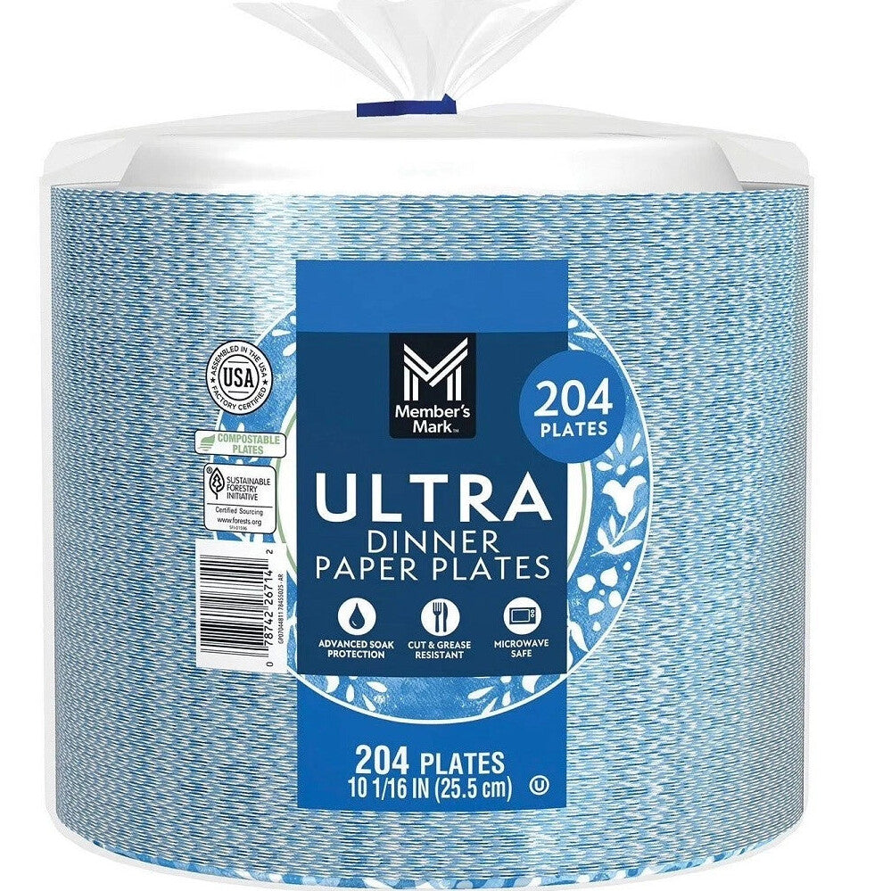 10" Members Mark Ultra Paper Plates | 816 Count (4 Bags of 204 Per Case)