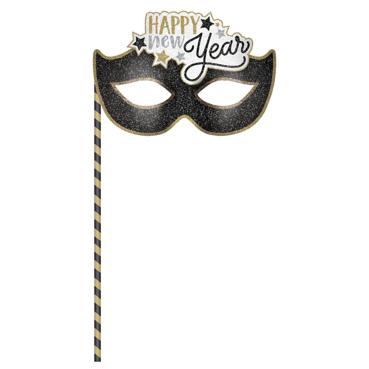 Happy New Year Masquerade Mask on a Stick, Black/Gold, One Size - Pack of 6