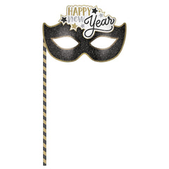 Happy New Year Masquerade Mask on a Stick, Black/Gold, One Size - Pack of 6