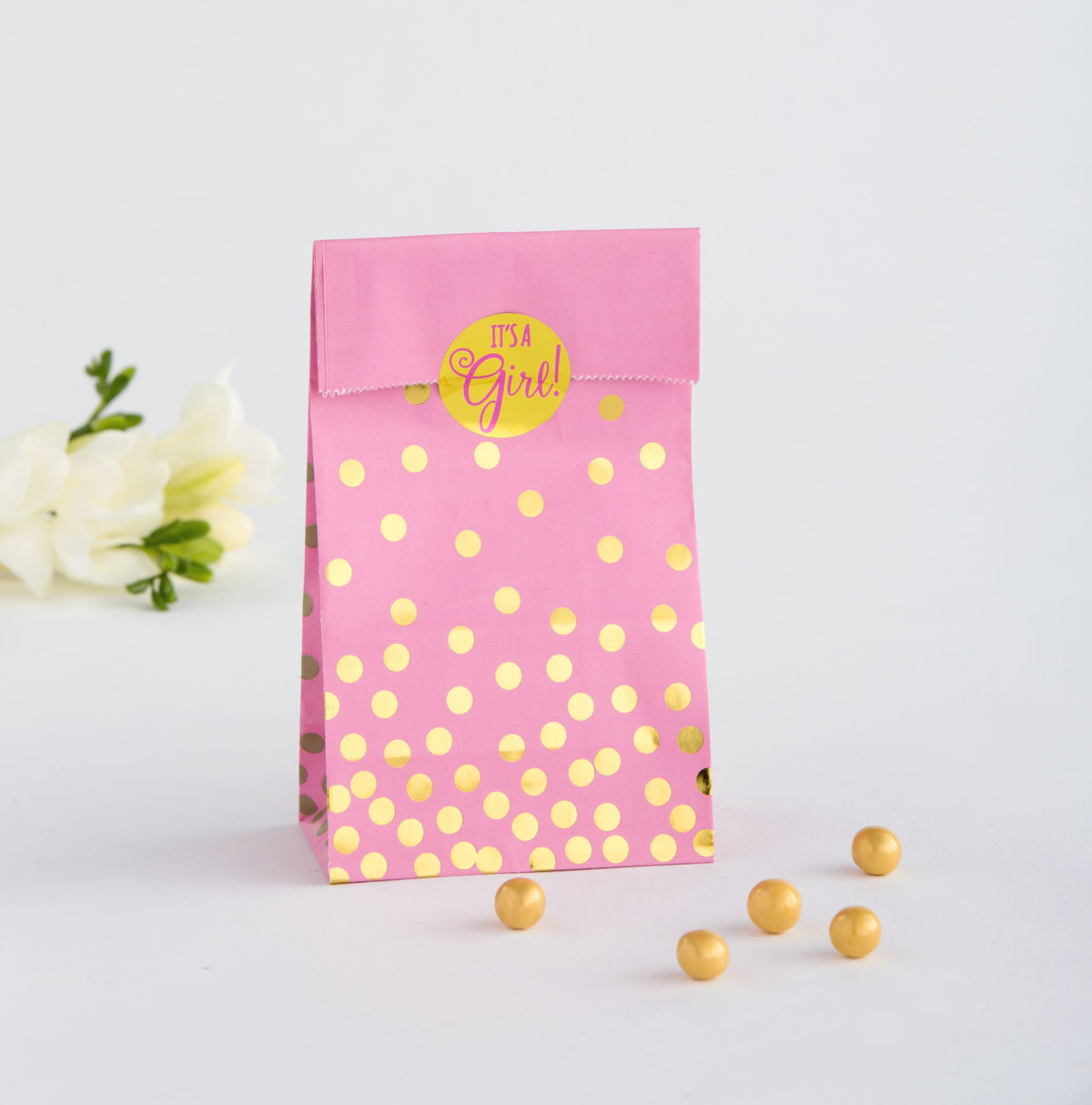 It's a Girl Paper Treat Bags, Pink/Gold Polka Dot, 6.5 inch, 20-ct - Case of 48
