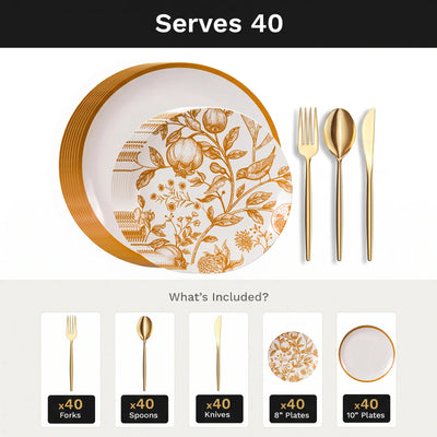 Pomegranate Deluxe Set | Plates & Gold Cutlery | Serves 40