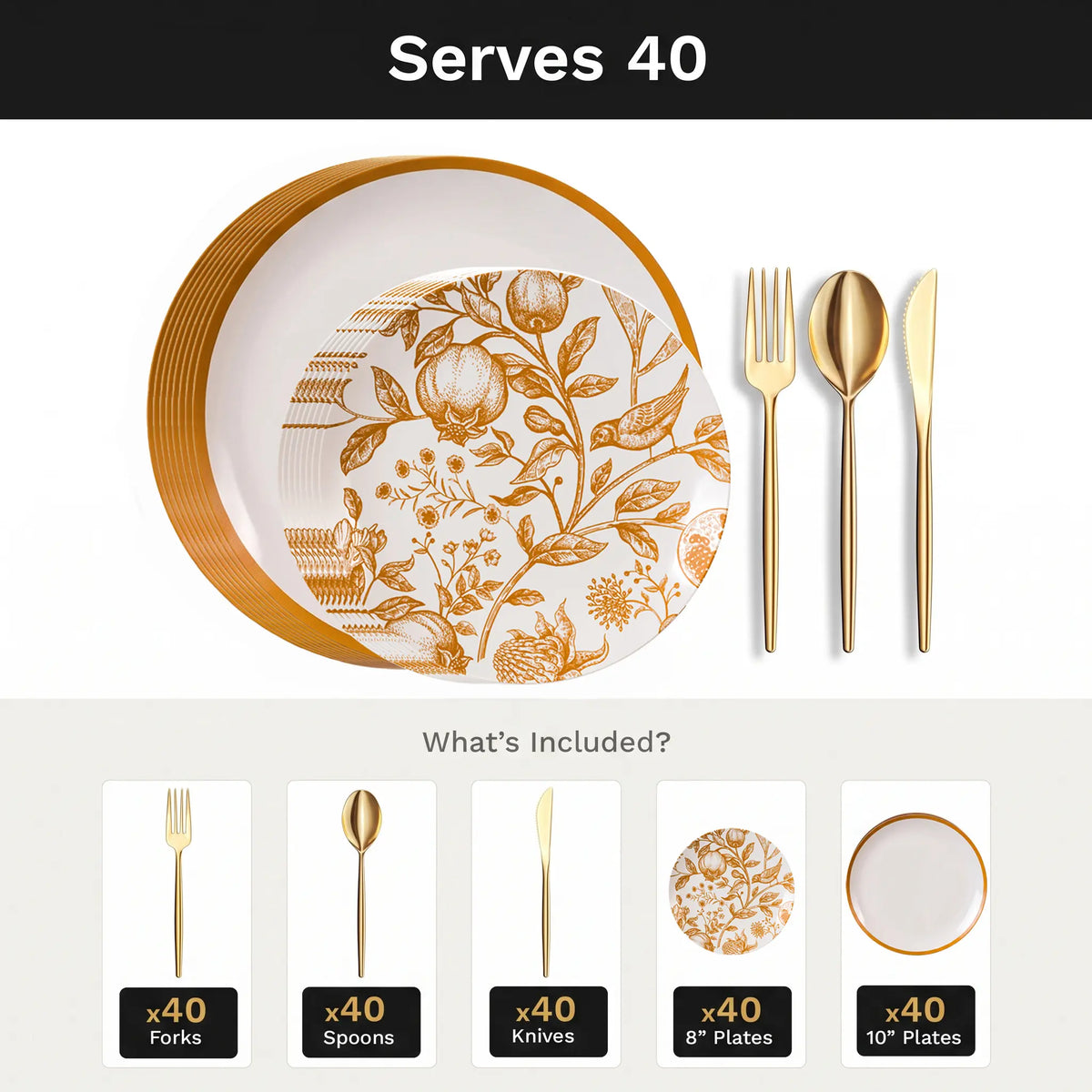 Pomegranate Deluxe Set | Plates & Gold Cutlery | Serves 40