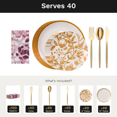 Pomegranate Ultimate Set | Plates, Gold Cutlery & Napkins | Serves 40
