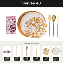 Pomegranate Ultimate Set | Plates, Gold Cutlery & Napkins | Serves 40