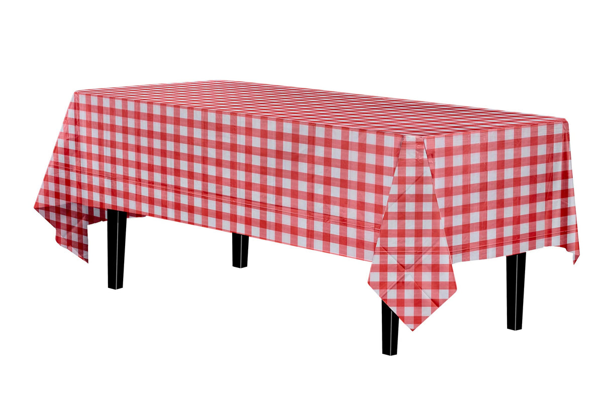 Red Gingham Printed Plastic Table Covers | 48 Count