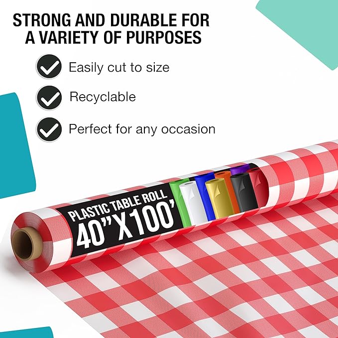 40 In. x 100 Ft. Premium Red Gingham Plastic Table Roll | 6 Pack