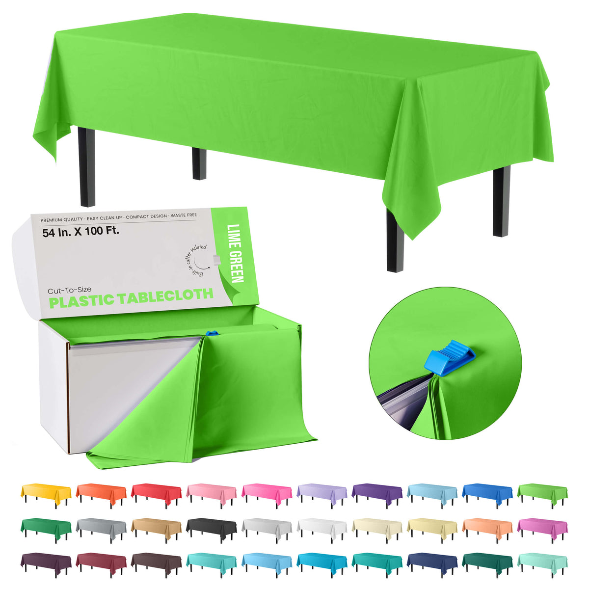 54 In. x 100 Ft. Cut To Size Lime Green Plastic Table Rolls | 6 Pack