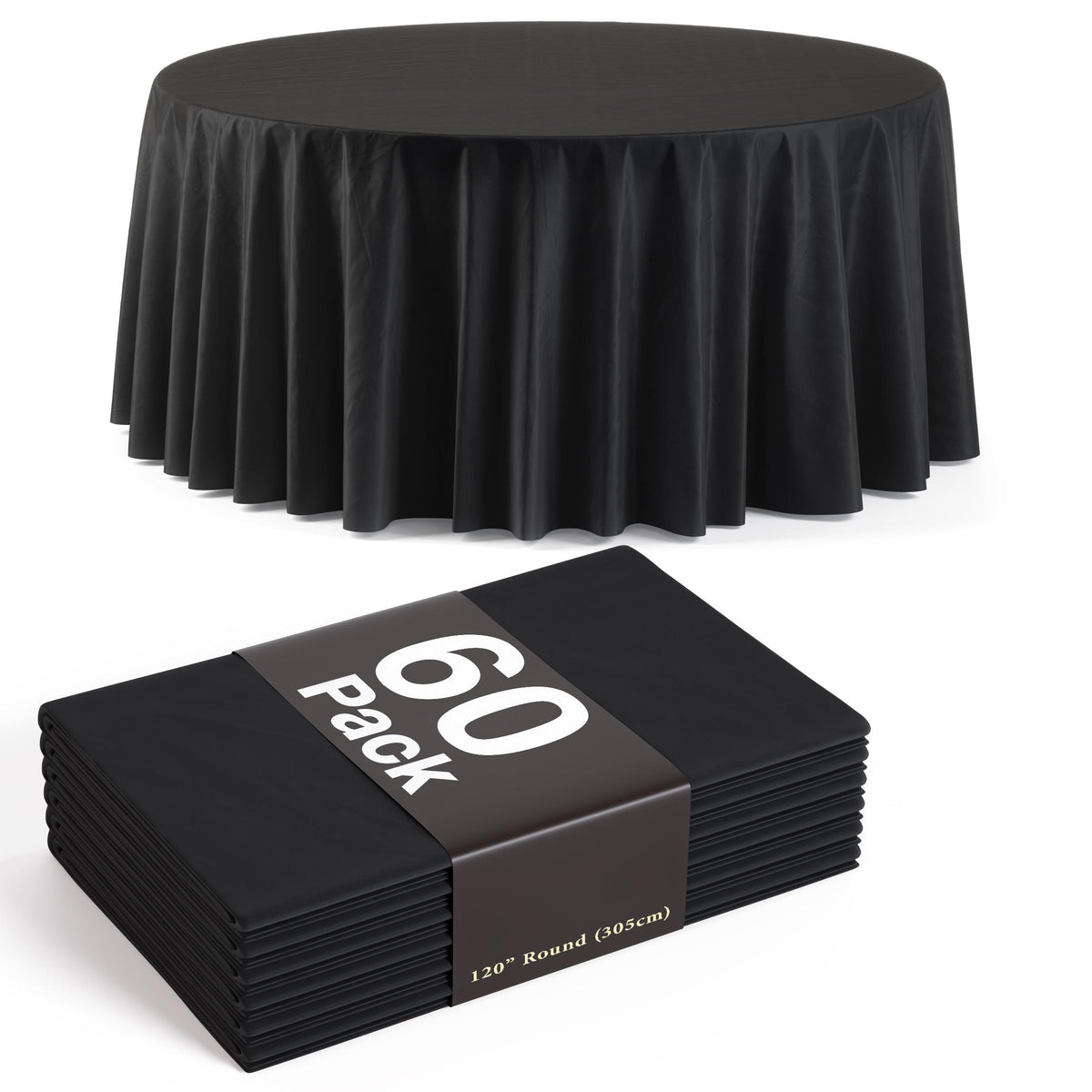 120 In. Premium Round Black Plastic Table Covers | 60 Count