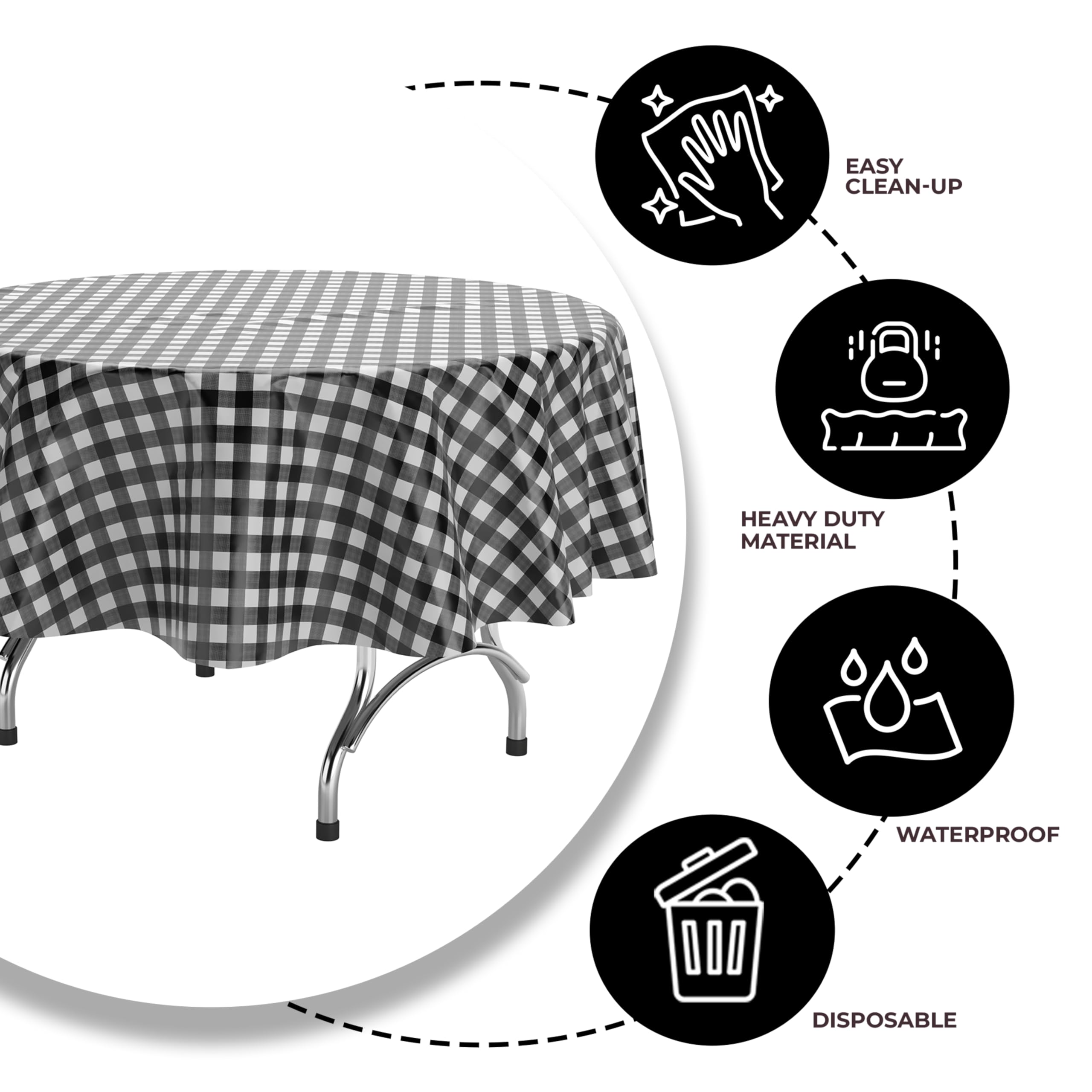 Black Gingham Printed Plastic Round Table Covers | 48 Count