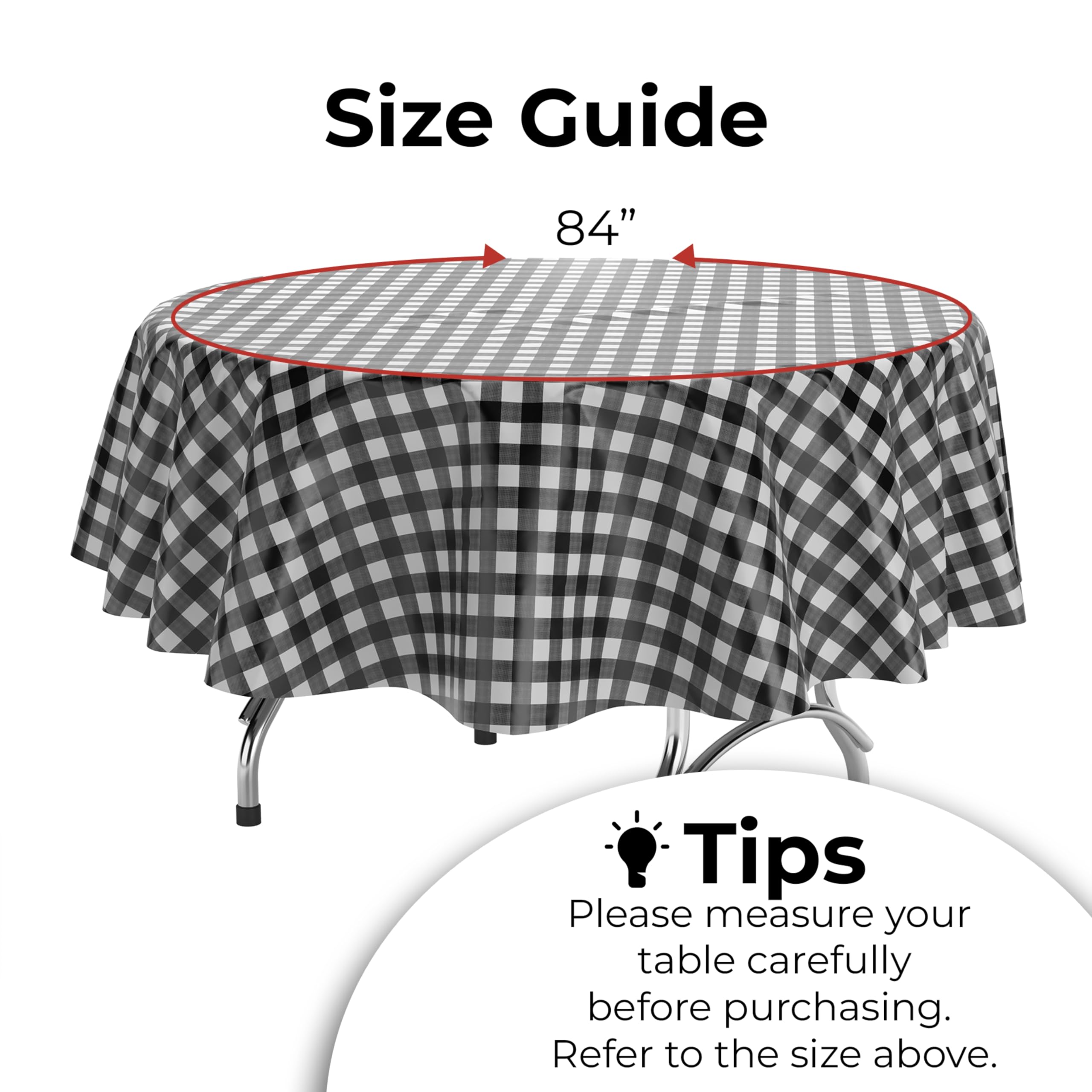 Black Gingham Printed Plastic Round Table Covers | 48 Count