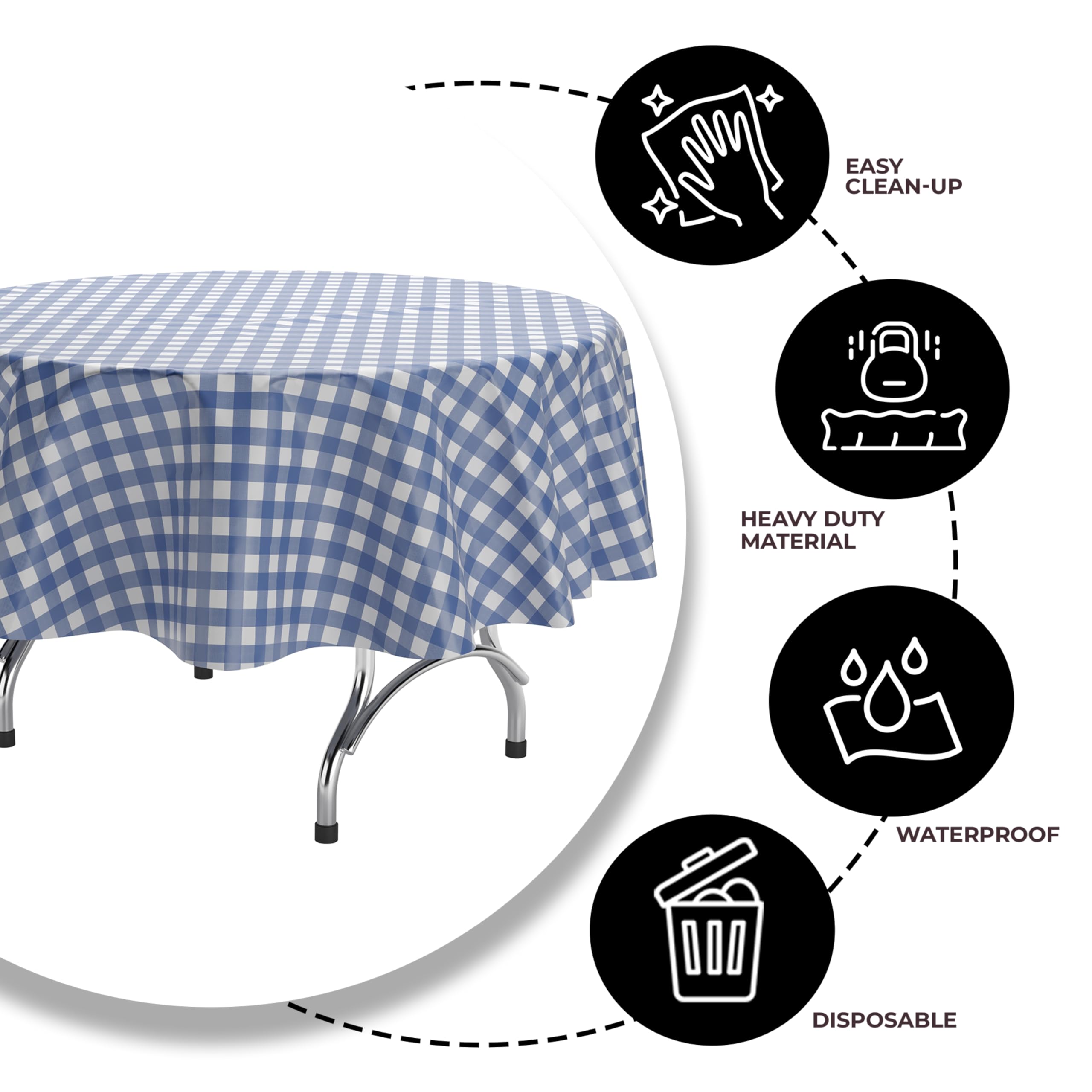 Blue Gingham Printed Plastic Round Table Covers | 48 Count