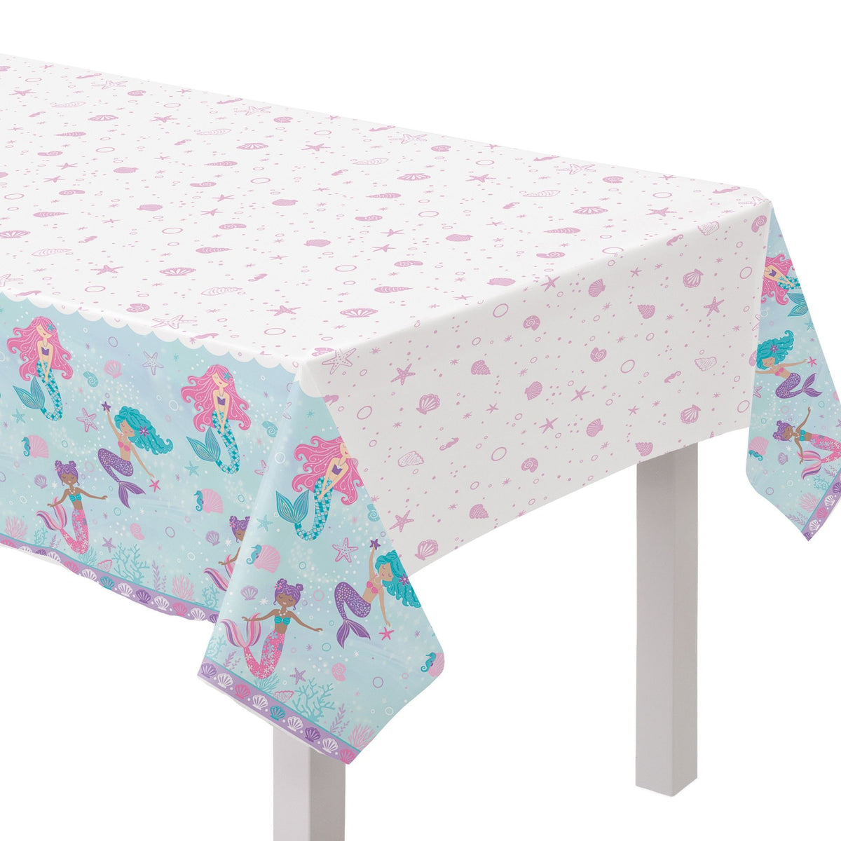 Shimmering Mermaids Plastic Table Cover, White/Blue, 54x96 inch - Pack of 6