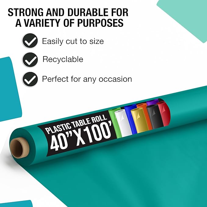 40 In. x 100 Ft. Premium Teal Plastic Table Roll | 6 Pack