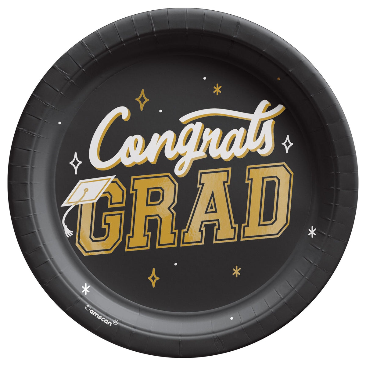 Congrats Grad Round Paper Plates, Black/Gold, 7-inch, 8-ct - Pack of 3