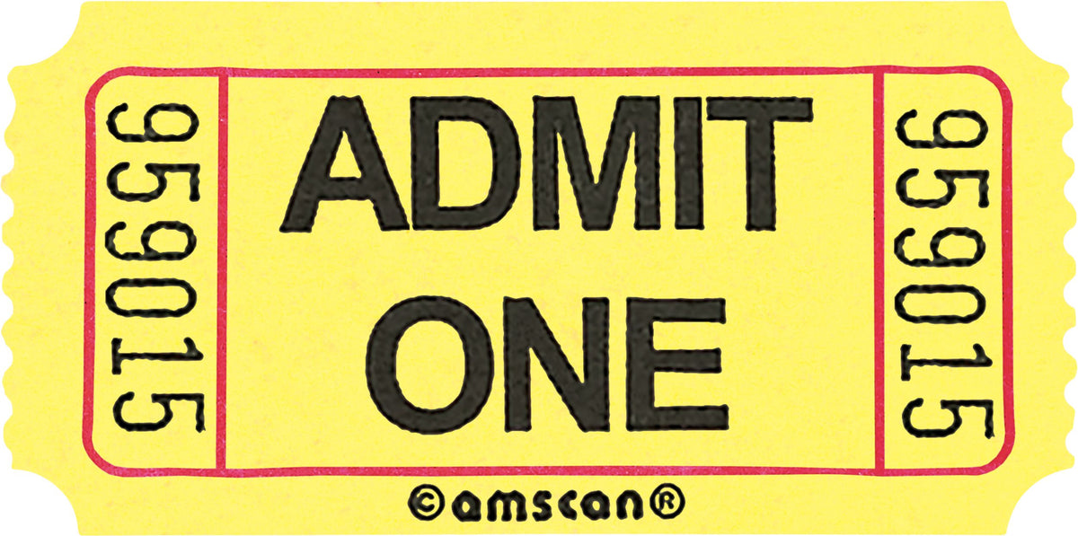 Yellow "Admit One" Ticket Roll, 2-inch, 1000 Pairs - Pack of 5