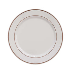 10.25" White/Rose Gold Line Design Plastic Plates (120 Count) - Yom Tov Settings