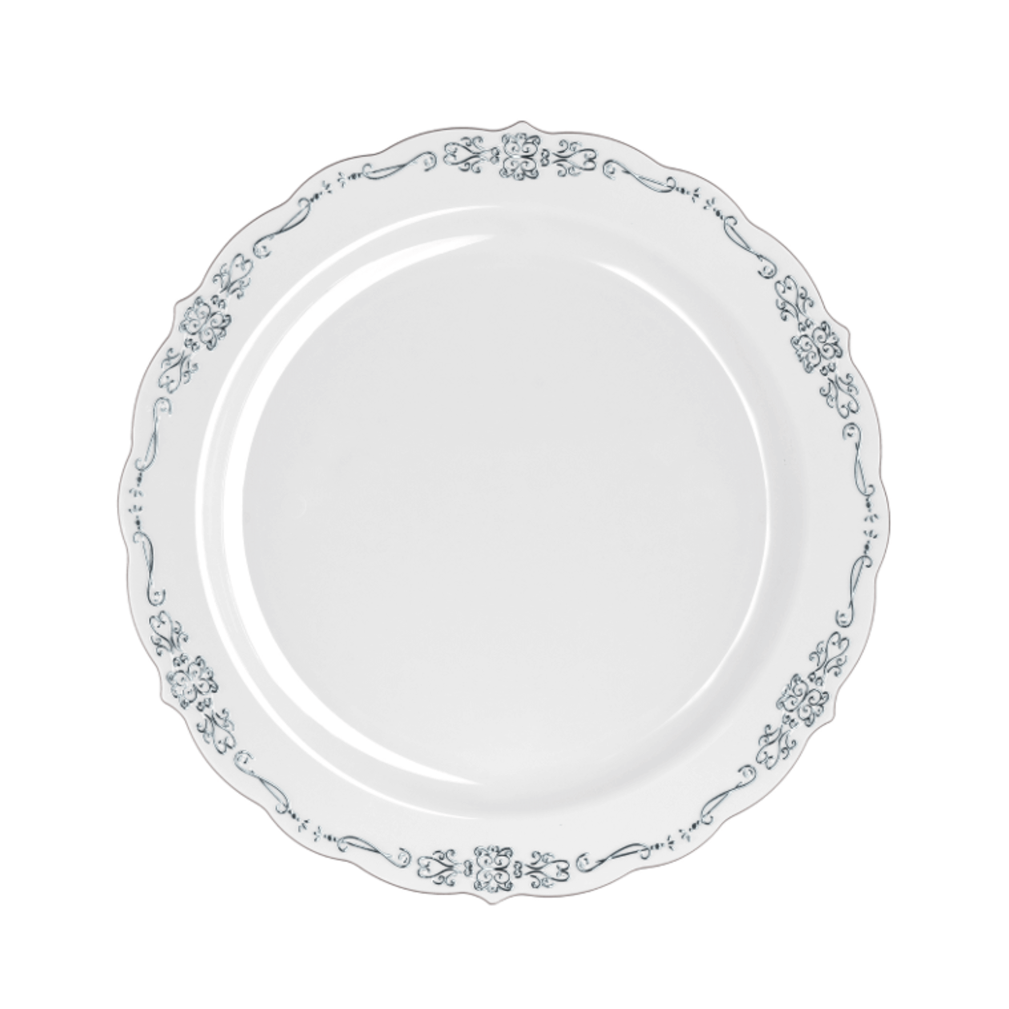 10.25" Gray / Silver Victorian Design Plastic Plates (120 Count) - Yom Tov Settings