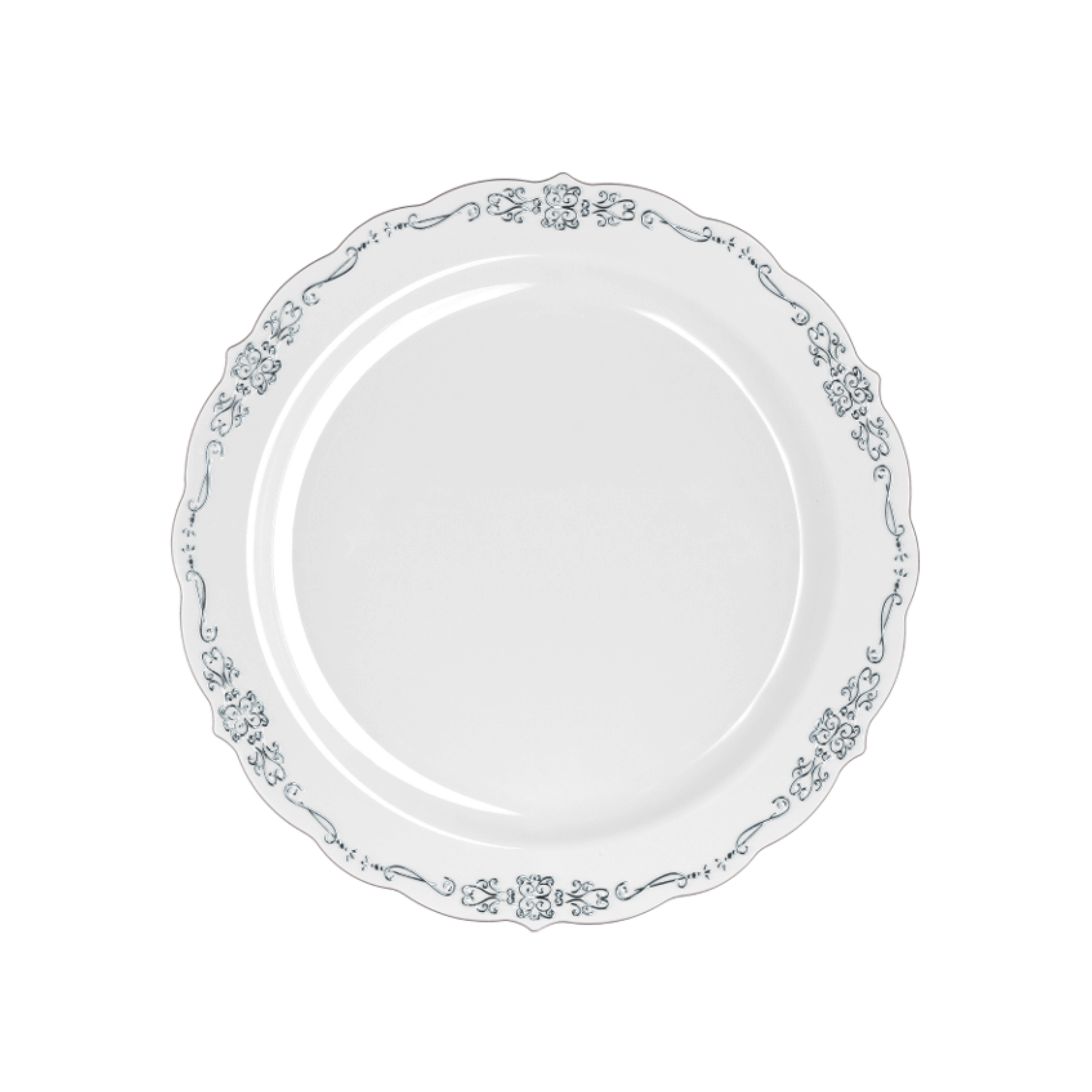 9" Gray / Silver Victorian Design Plastic Plates (120 Count) - Yom Tov Settings
