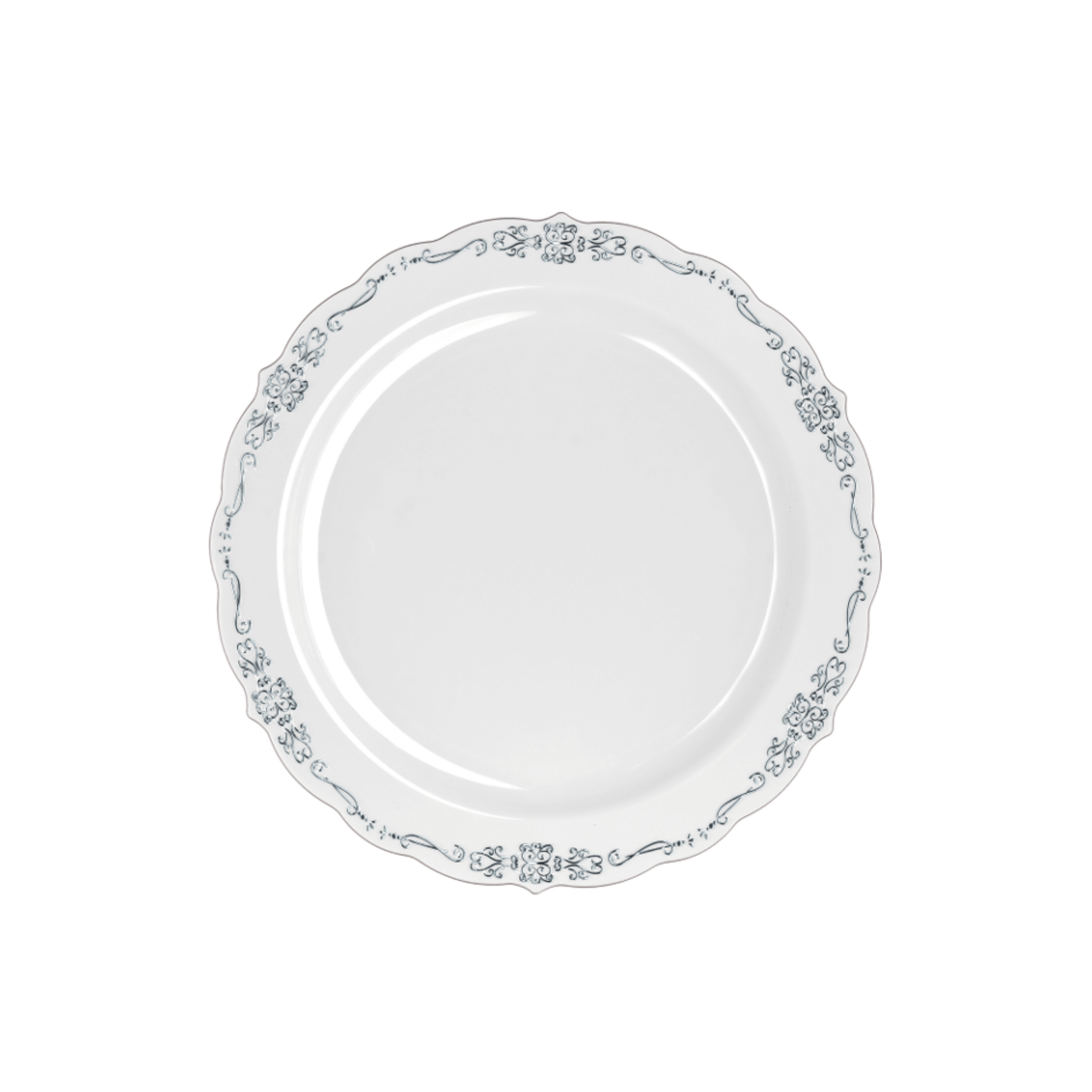 7.5" Gray / Silver Victorian Design Plastic Plates (120 Count) - Yom Tov Settings