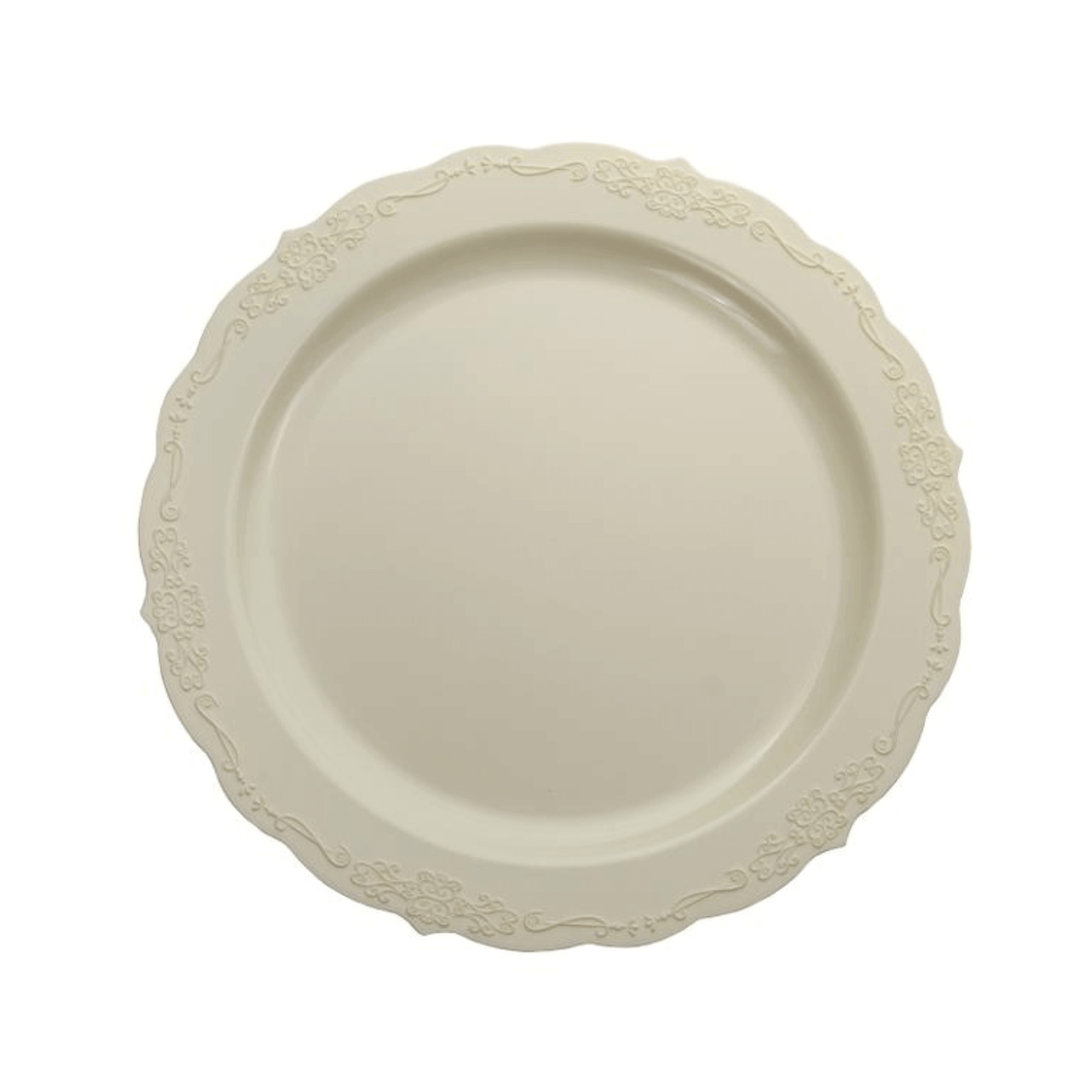 10.25" Ivory Victorian Design Plastic Plates (120 Count) - Yom Tov Settings