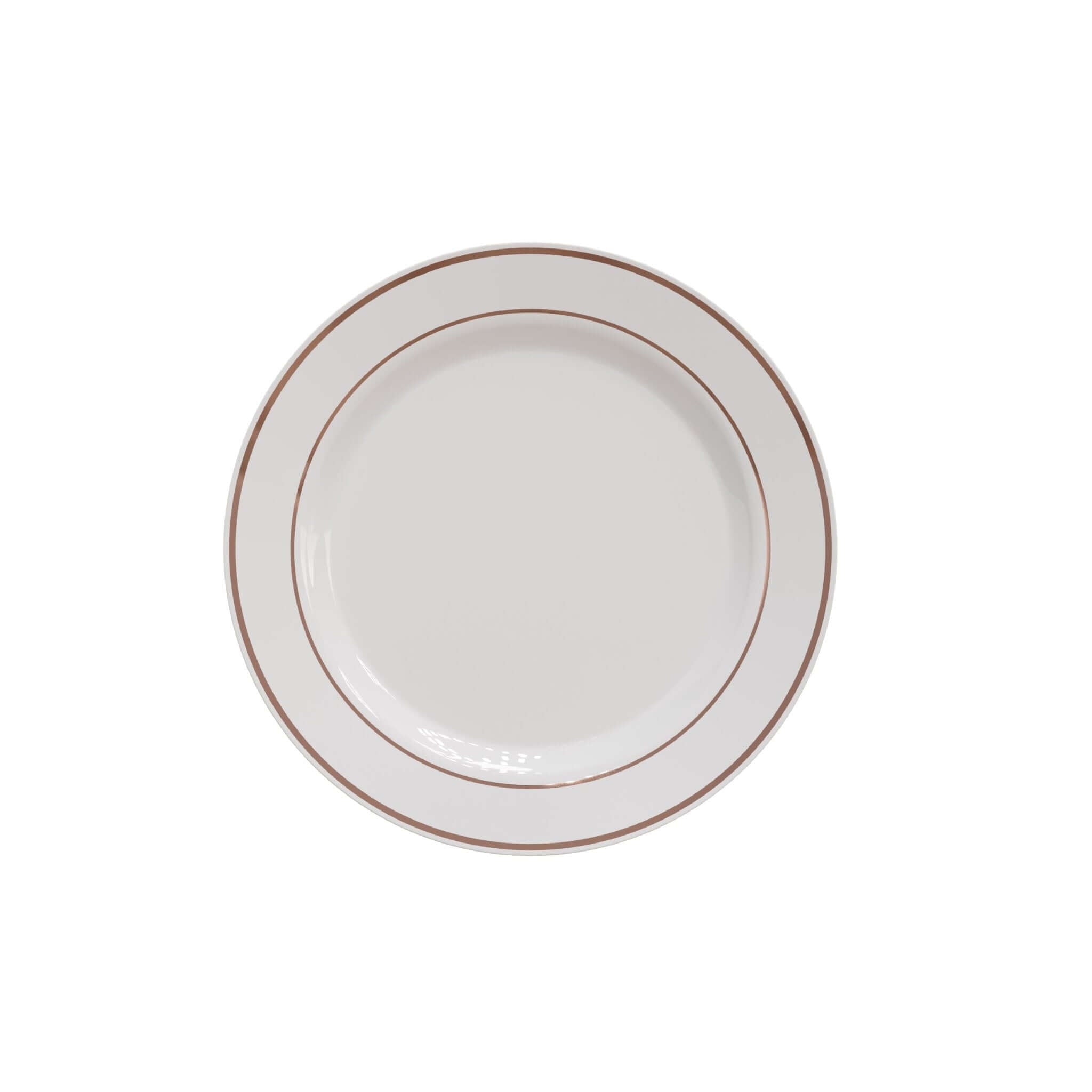 7.5" White/Rose Gold Line Design Plastic Plates (120 Count) - Yom Tov Settings