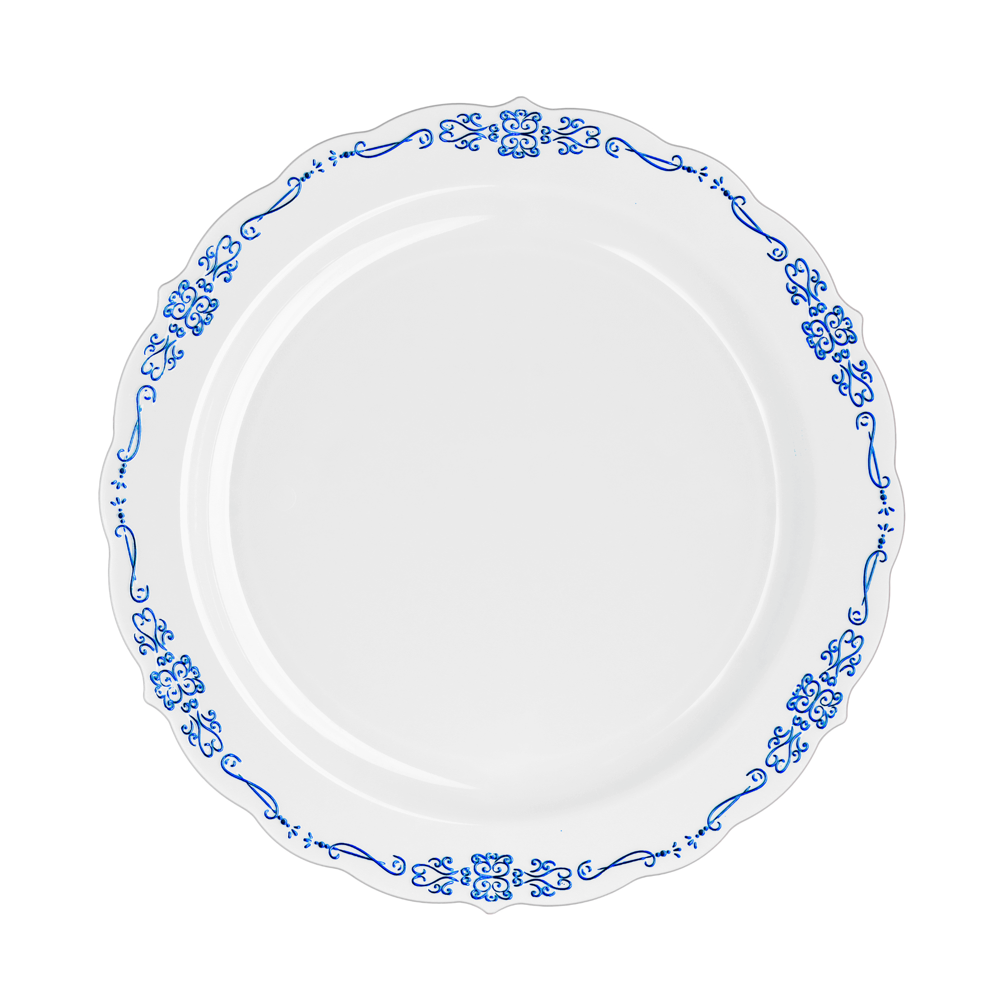 10.25" White / Navy Victorian Design Plastic Plates (120 Count) - Yom Tov Settings