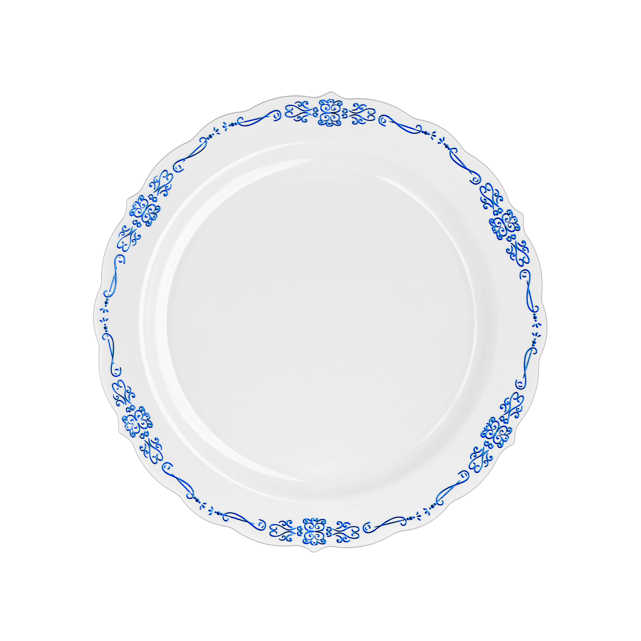 9" White / Navy Victorian Design Plastic Plates (120 Count) - Yom Tov Settings
