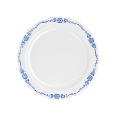 9" White / Navy Victorian Design Plastic Plates (120 Count) - Yom Tov Settings