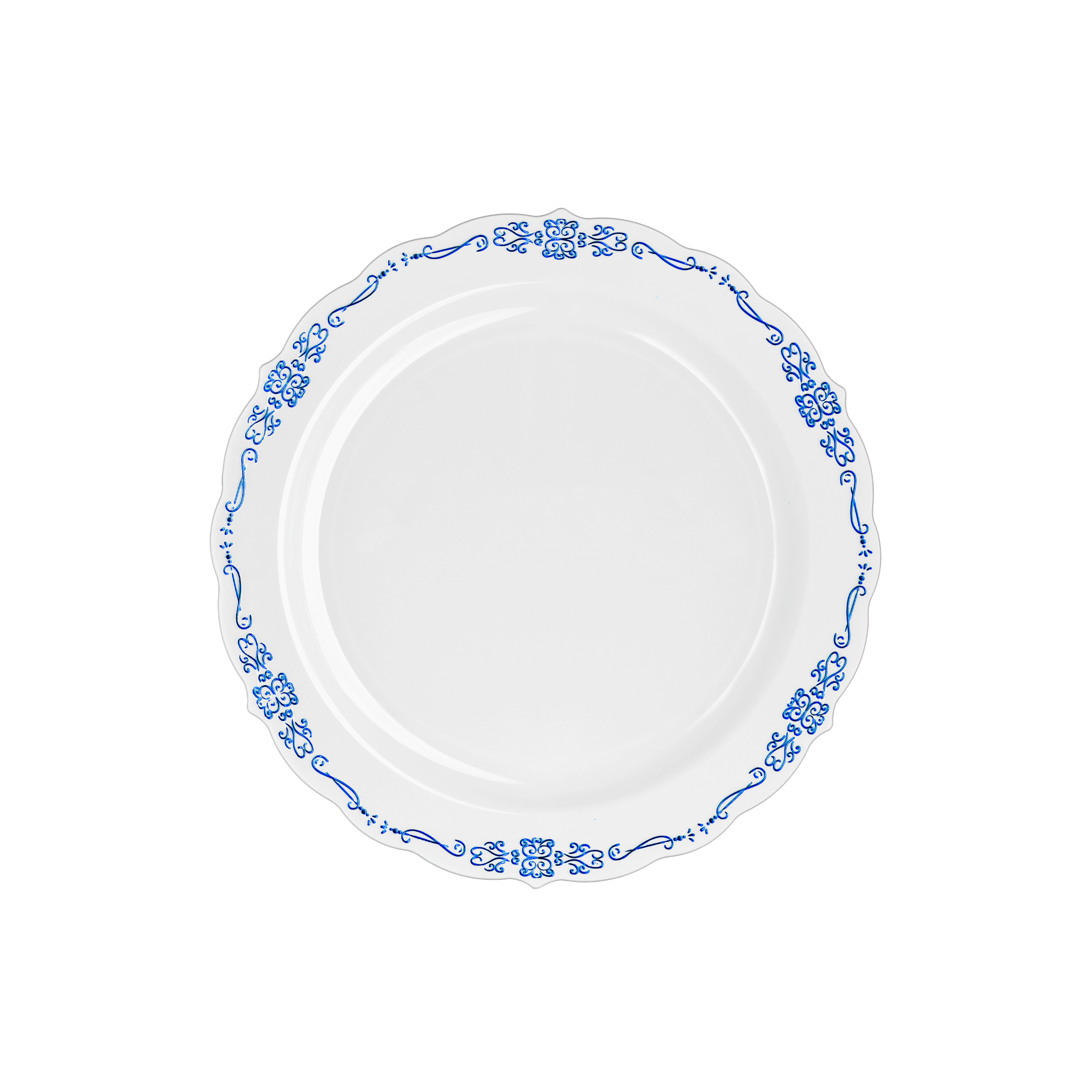 7.5" White / Navy Victorian Design Plastic Plates (120 Count) - Yom Tov Settings