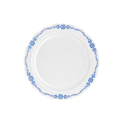 7.5" White / Navy Victorian Design Plastic Plates (120 Count) - Yom Tov Settings