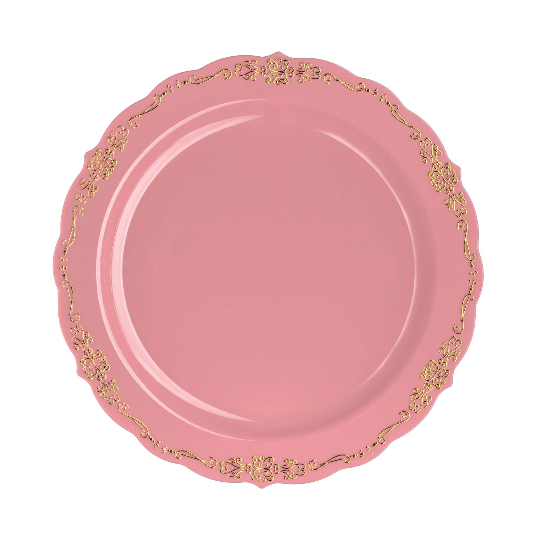 10.25" Coral / Gold Victorian Design Plastic Plates (120 Count) - Yom Tov Settings