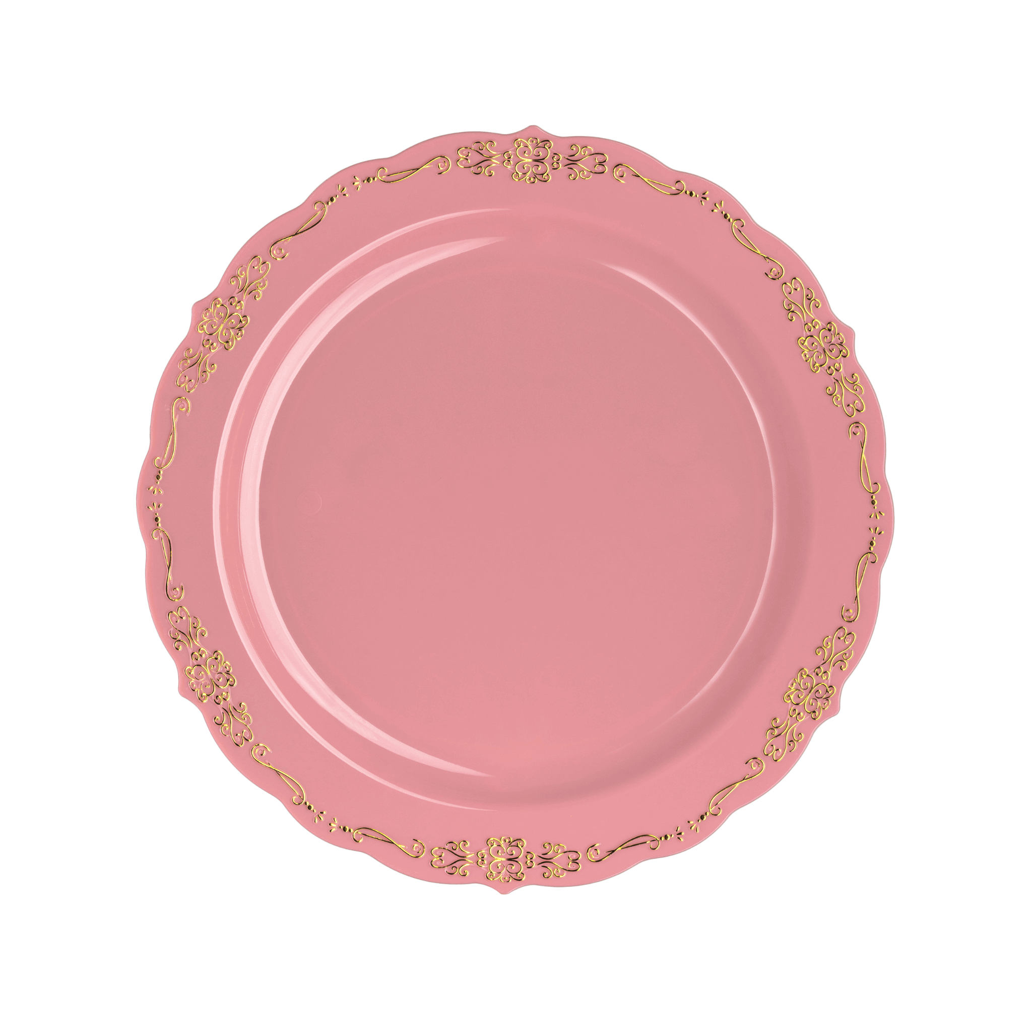 9" Coral / Gold Victorian Design Plastic Plates (120 Count) - Yom Tov Settings