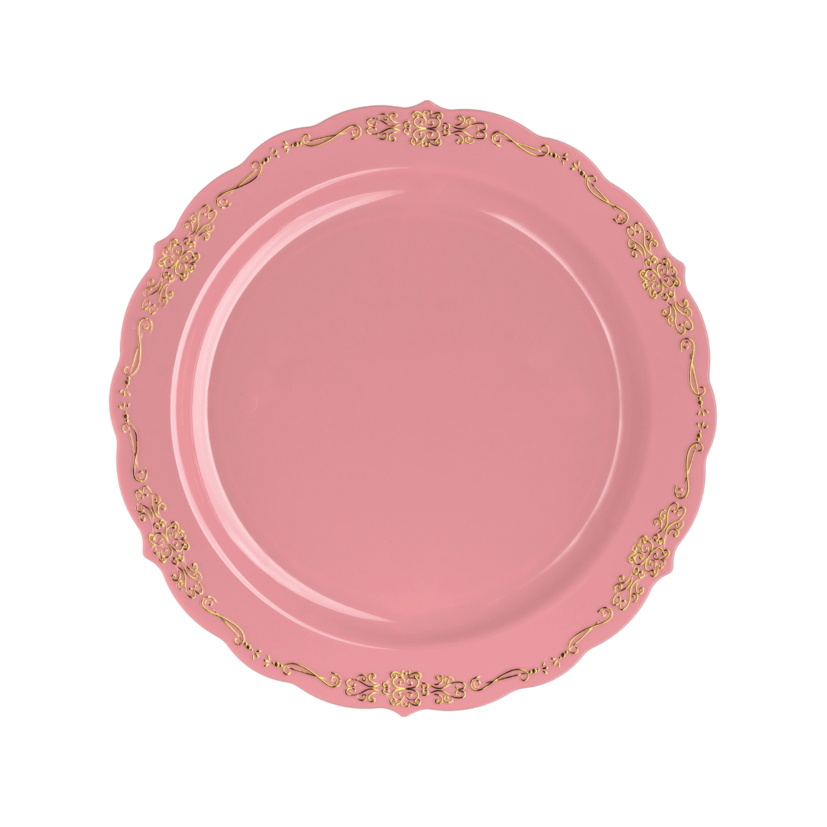 9" Coral / Gold Victorian Design Plastic Plates (120 Count) - Yom Tov Settings