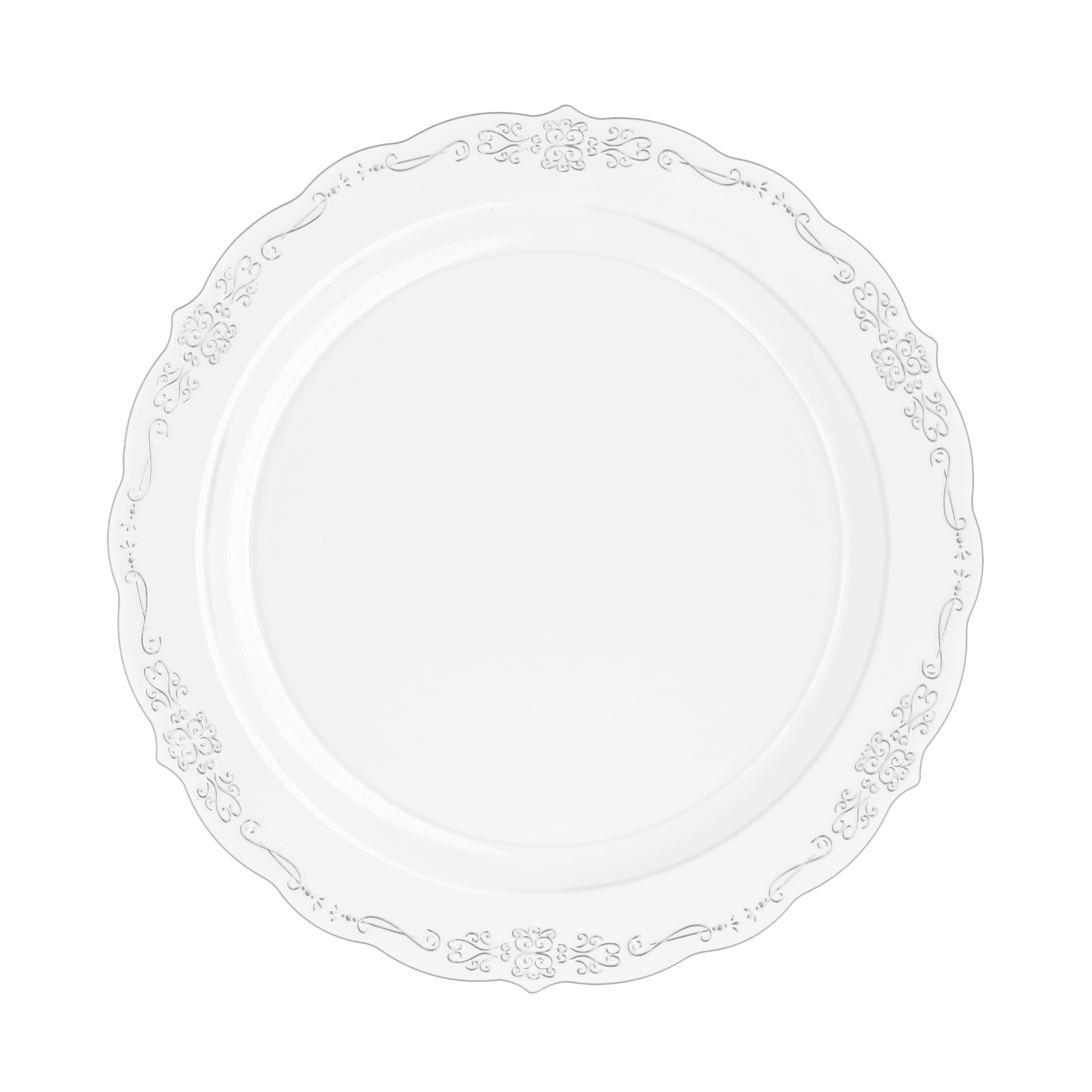 10.25" Clear Victorian Design Plastic Plates (120 Count) - Yom Tov Settings