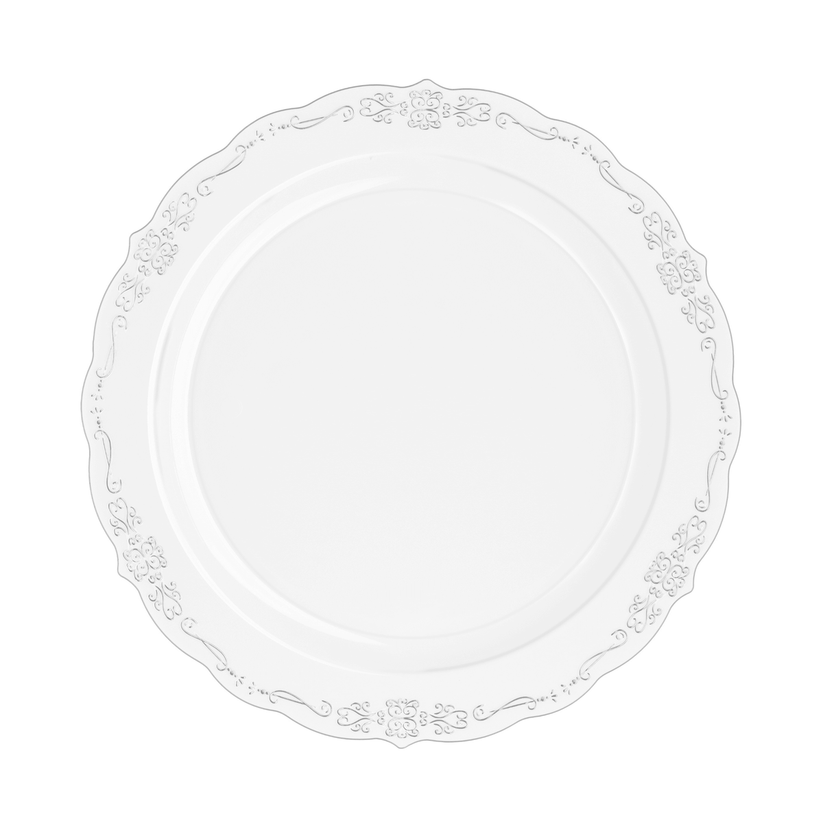 10.25" Clear Victorian Design Plastic Plates (120 Count) - Yom Tov Settings